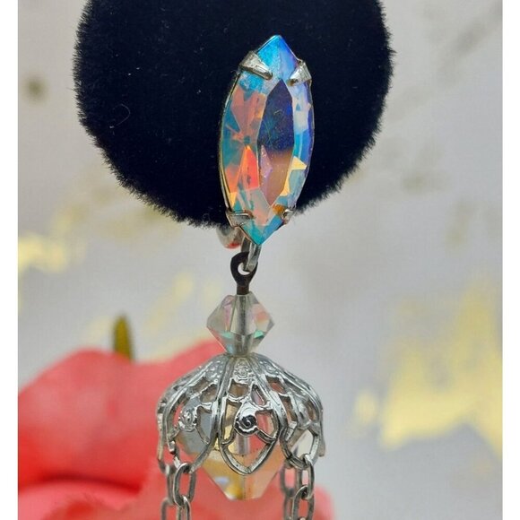 Vintage Lewis Segal AB Crystal Dangle Drop Clip On Earrings Silver Tone Formal - Picture 6 of 11